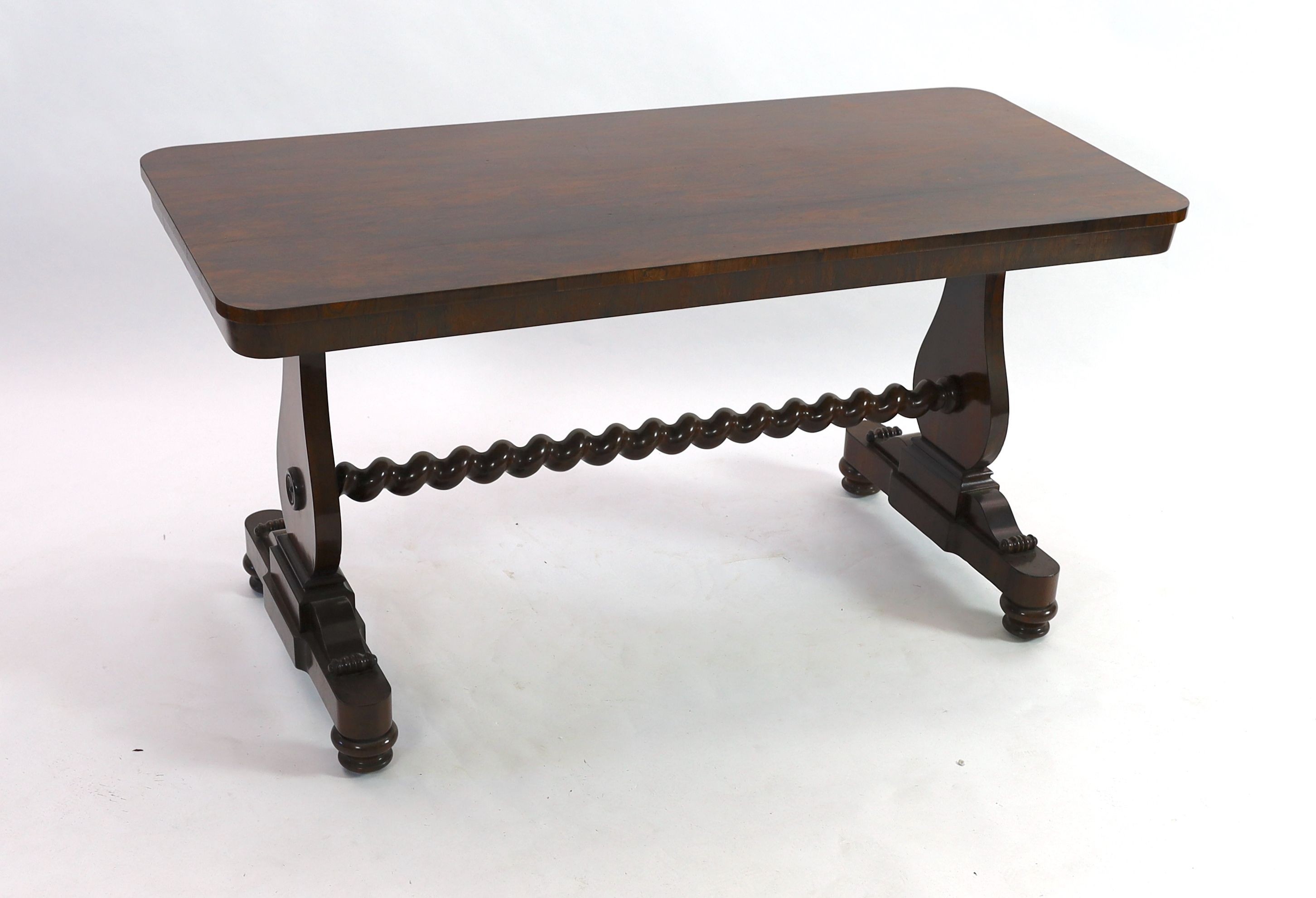 An early Victorian rectangular rosewood centre table, with turned spiral stretcher, width 147cm depth 66cm height 76cm